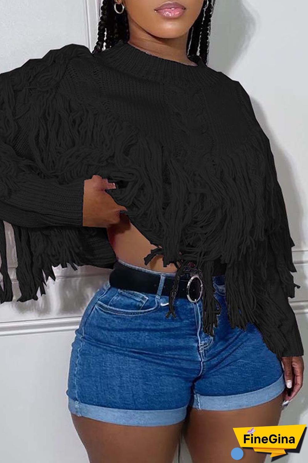 Pink Casual Solid Tassel O Neck Tops