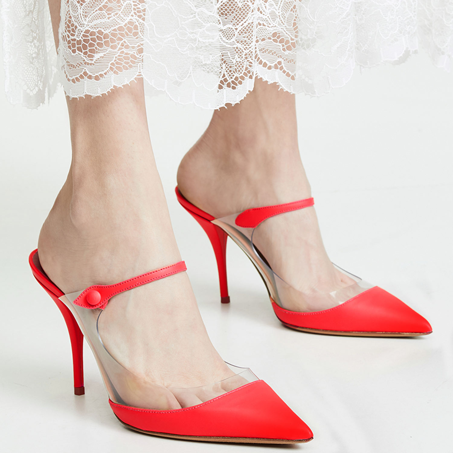 TAAFO Red Pointed Toe High Thin Heels Women Mules Slippers Transparent PVC Ladies Dress Office Shoes 