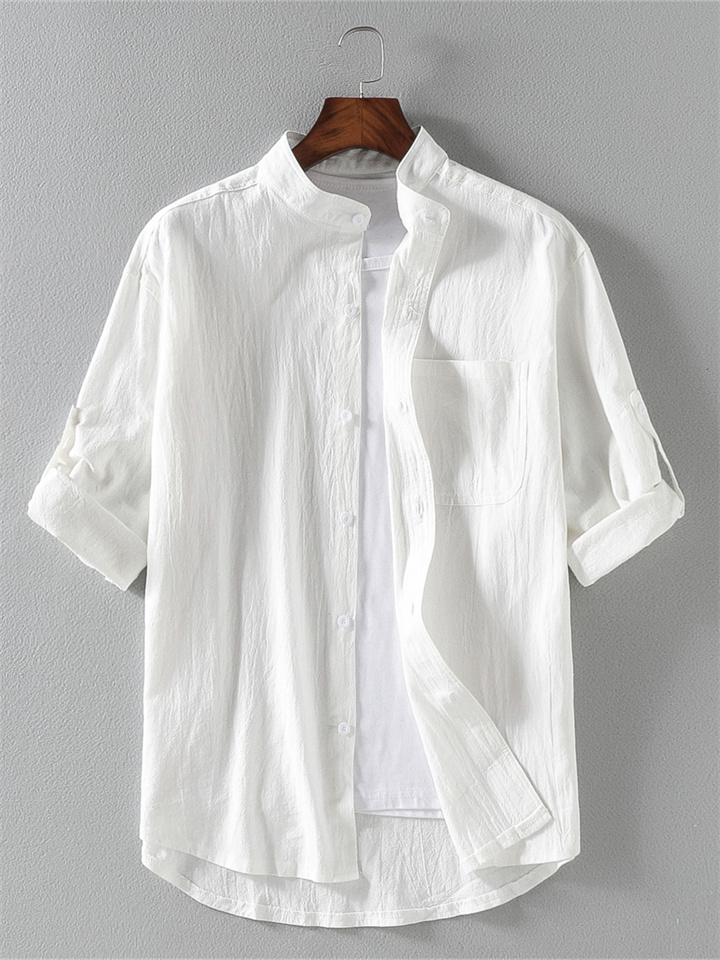 Summer Models Stand Collar Cotton Linen Medium-sleeved Shirt Trend Men Linen Loose Seven-point Sleeve Large Yards Solid Color Shirt Men