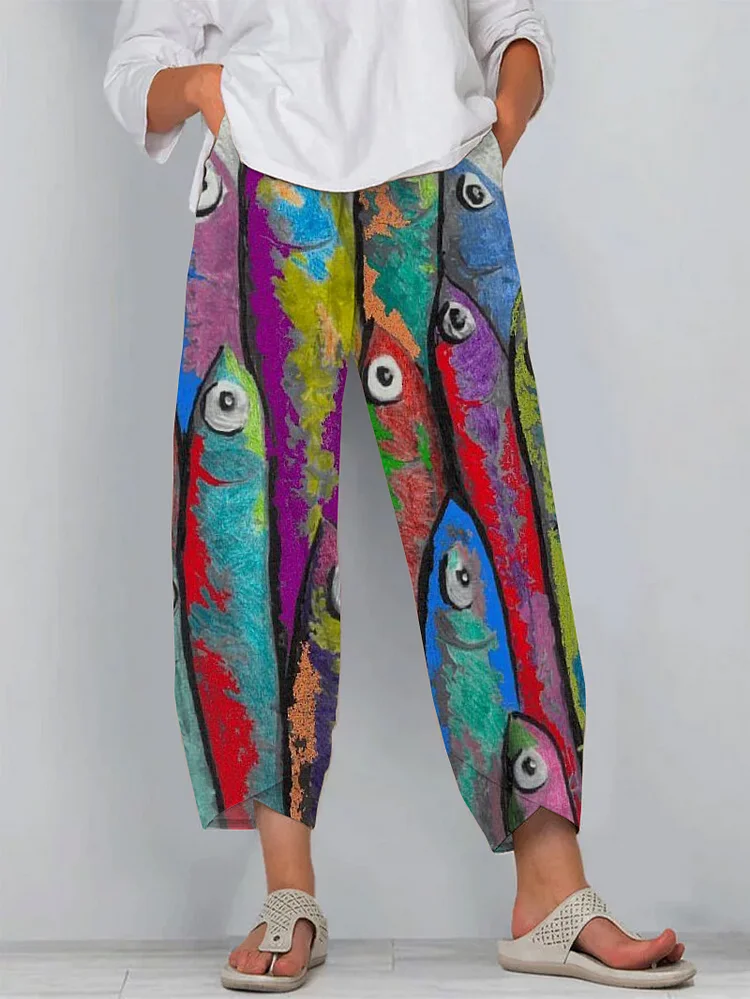 Retro Colorful Fish Art Print Casual Capri Pants