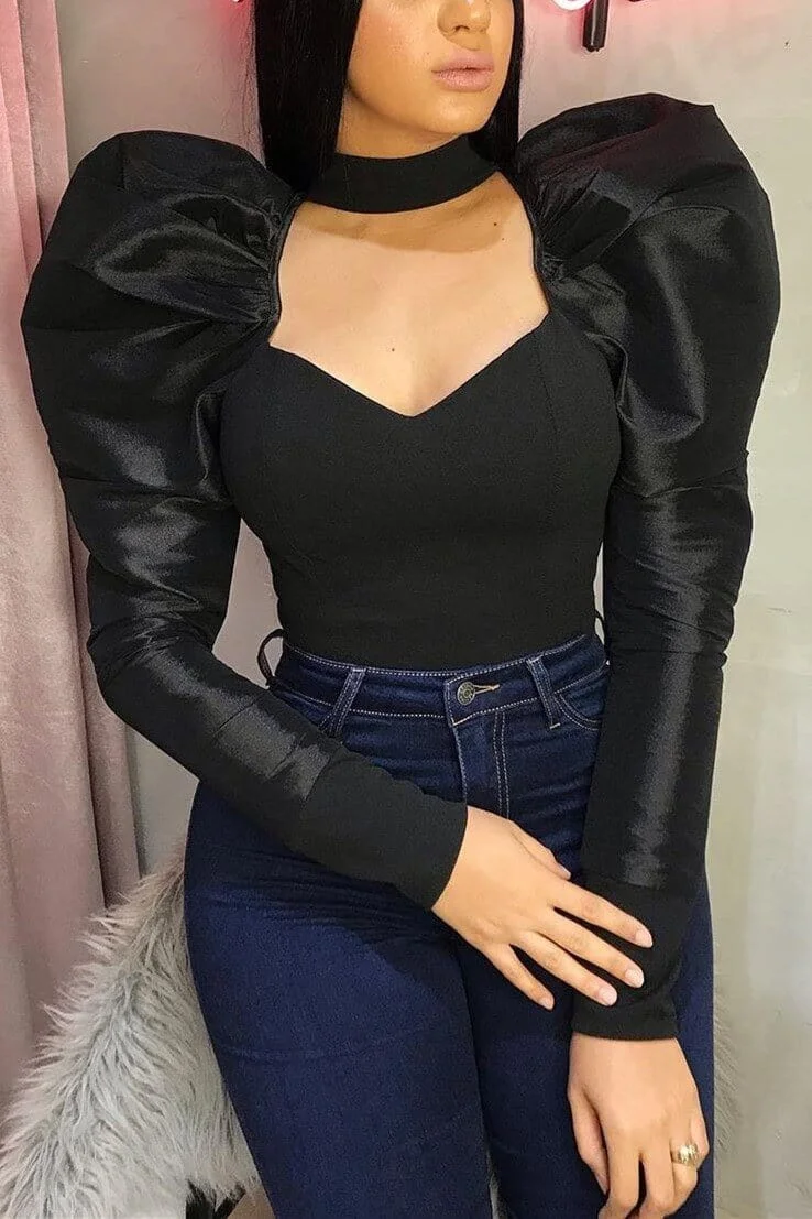 Sexy V-neck Splicing Puff Sleeve Top