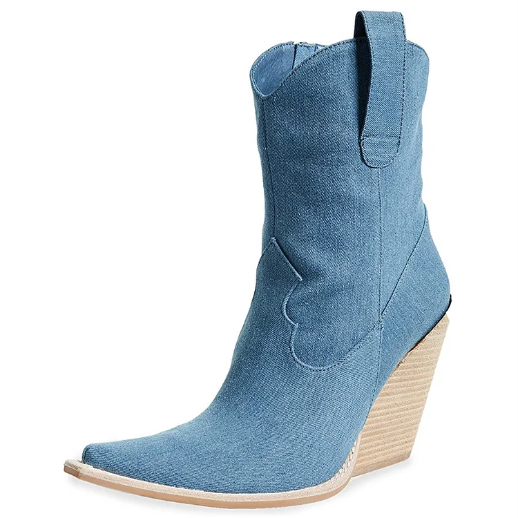 Blue Denim Square Toe Cowgirl Boots Chunky Heels Ankle Booties |FSJ Shoes
