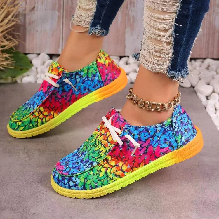Yyvonne New Large-Size Lace With Color Low-Top Single Shoes Women Graffiti Lazy Man Canvas Flat-Bottomed Casual Single Shoes