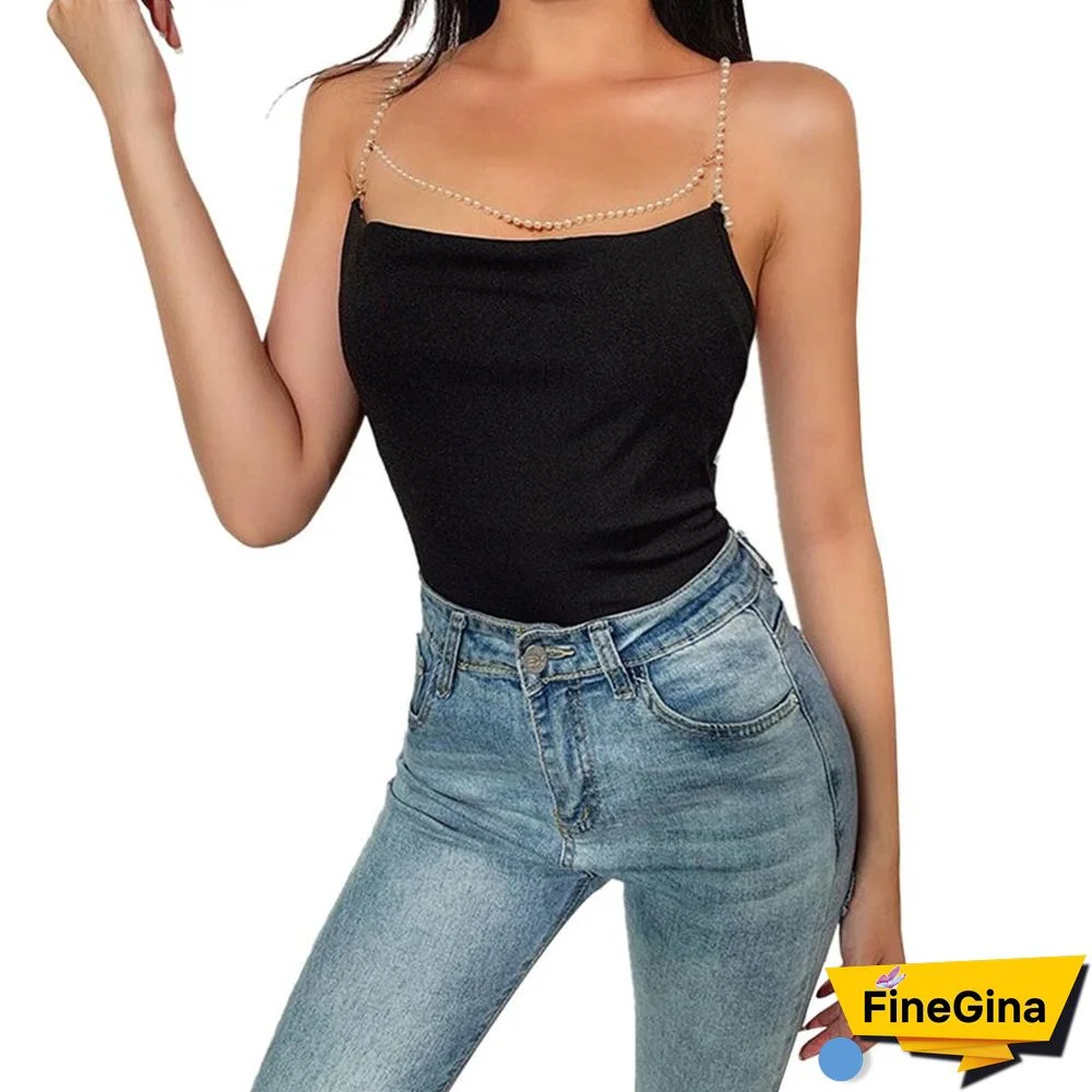 Elegant Women Vest Summer Sexy Sleeveless Backless Pearl Straps Camisole Tank Top Korean Fashion Clothing Clubwear