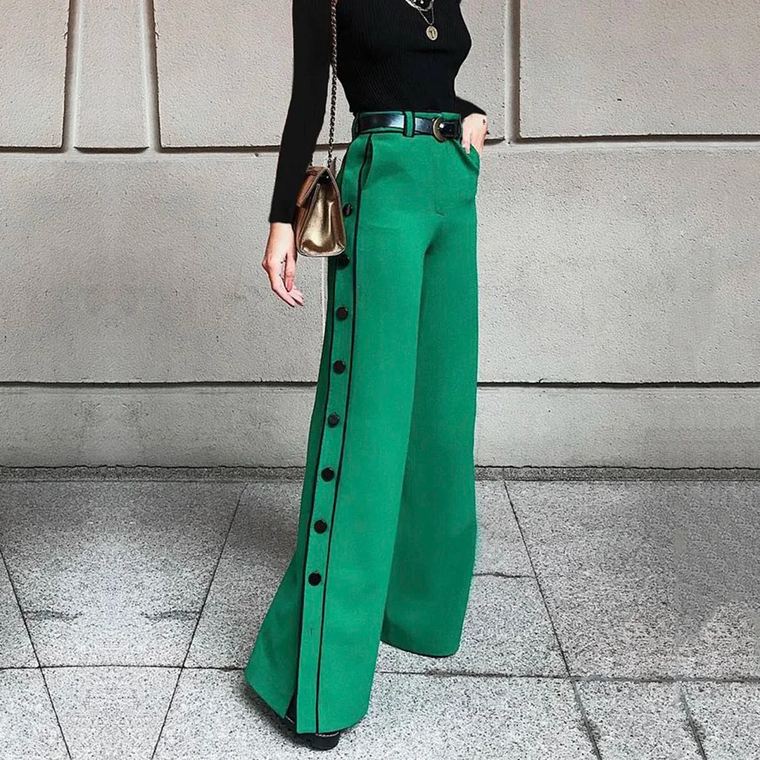 Tlbang Urban Female Fashion Button Zipper High Waist Wide Leg H-Line Pants Spring Autumn Causal Green Trousers Women 2023 New