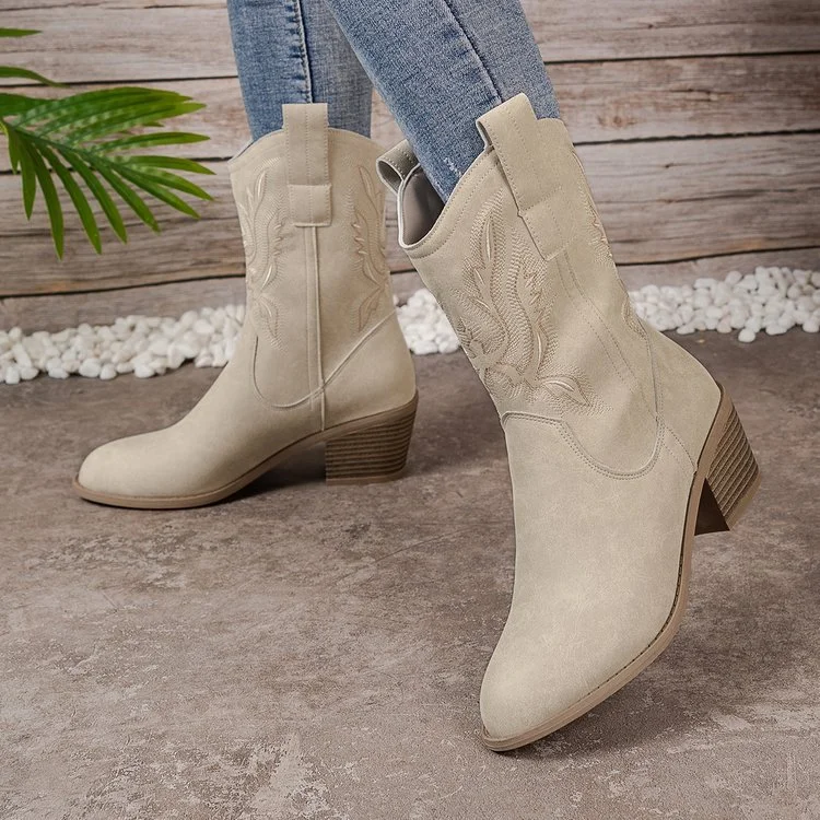 Breakj Breakj Women's Embroidery Sleeves Vintage Boots Vintage Mid-Cute Head Western Cowboy Boots For Fall/Winter 2025