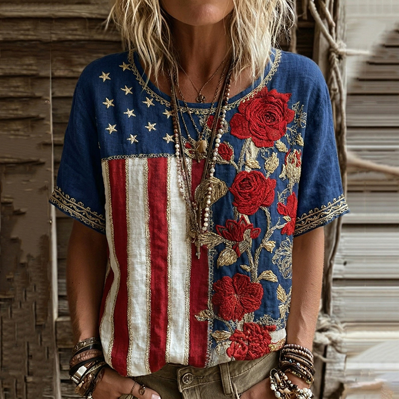  Women's Independence Day Flag Floral Print Linen Blend Casual Short-sleeve T-shirt Westsshops