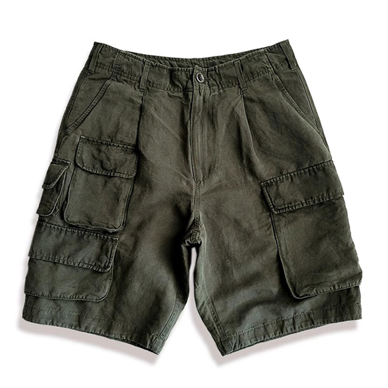 Retro Army Green Cotton Workwear Multi-Pocket Casual Shorts