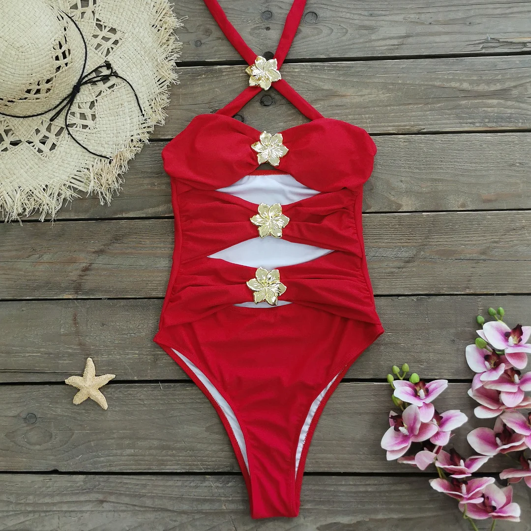 Uveng Solid-Colored Swimsuit Women's 2025 New Short Dress Two Sets Of Hollow Breast Swimsuit Swimsuit
