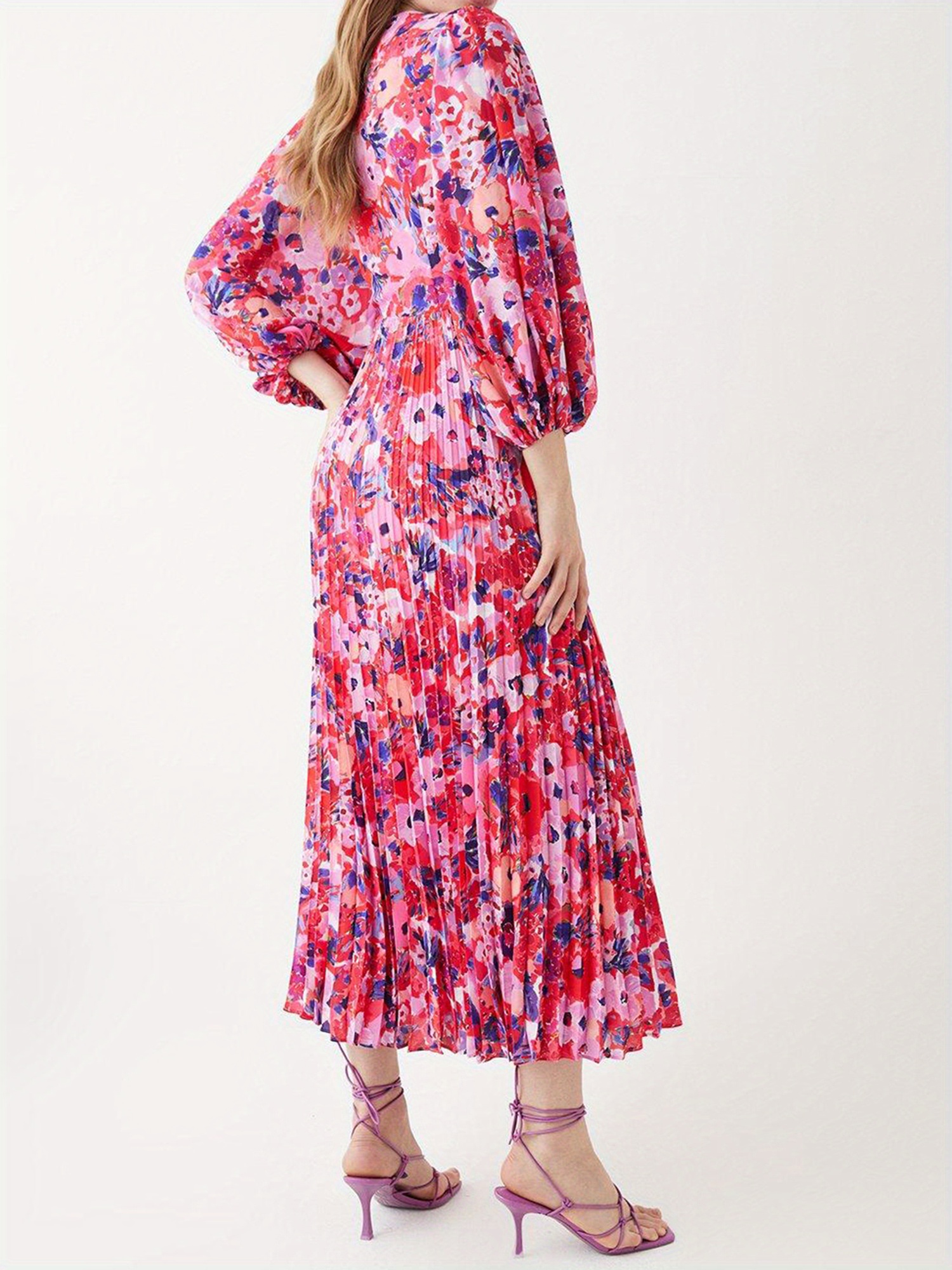 Women's Elegant Floral Print Chiffon A-Line Maxi/Midi Dress With Wrap & Long Lantern Sleeves - Vibrant Pink Blue Red White Black Floral Pattern, Machine Washable Formal & Semi-Formal Evening Wedding Party Dress, Spring/Fall Casual To Formal Outfits