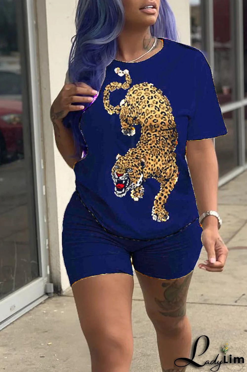 Black Casual Print Patchwork O Neck Short Sleeve Two Pieces