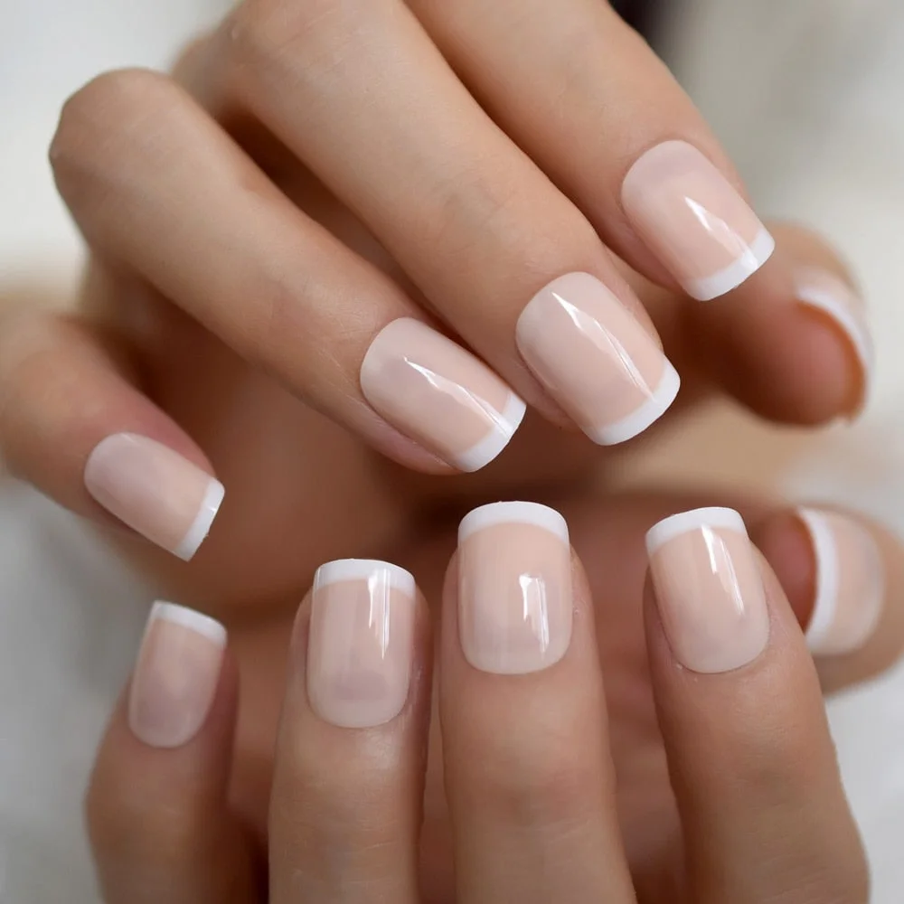 French Manicure 24 Units Faux Ongles Short Squoval Rose Mixed Milky White Press On Nail Large-Nail Inspo