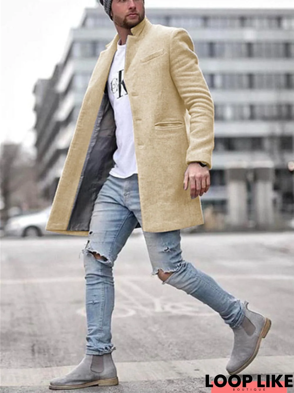 Men's Solid Color Trend Fashion Midi Length Coat