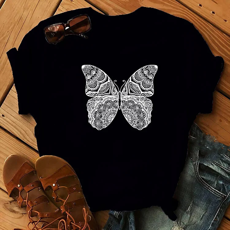 Casual Butterfly Print Short Sleeve Crew Neck T-Shirt