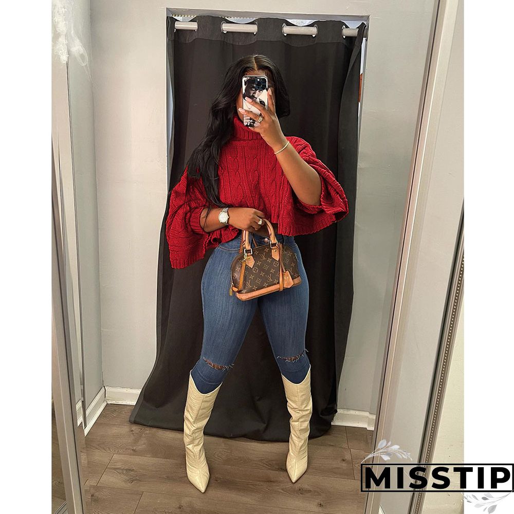 Winter Pullover Turtleneck Knitted Shawl Crop Sweaters