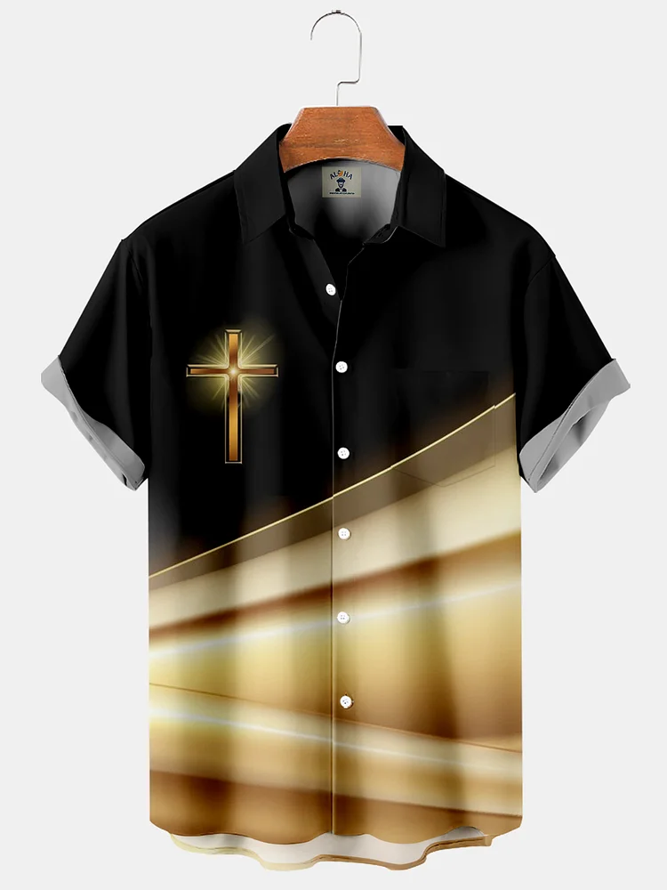Men's Easter Simple Streamer Cross Print Short Sleeve Shirt