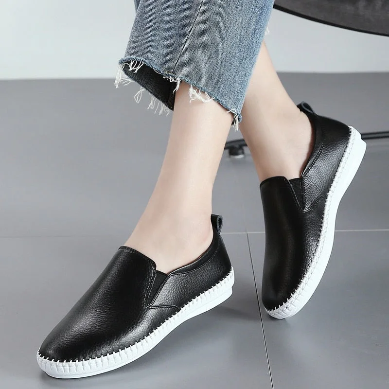 Women's Flats Shoes 2021 Spring Genuine Leather Loafers Black White Sneakers Women Shoes Slip On Shoes Tenis summer ballet flats