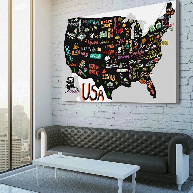 Map of USA with States and Attractions of America Canvas Wall Art