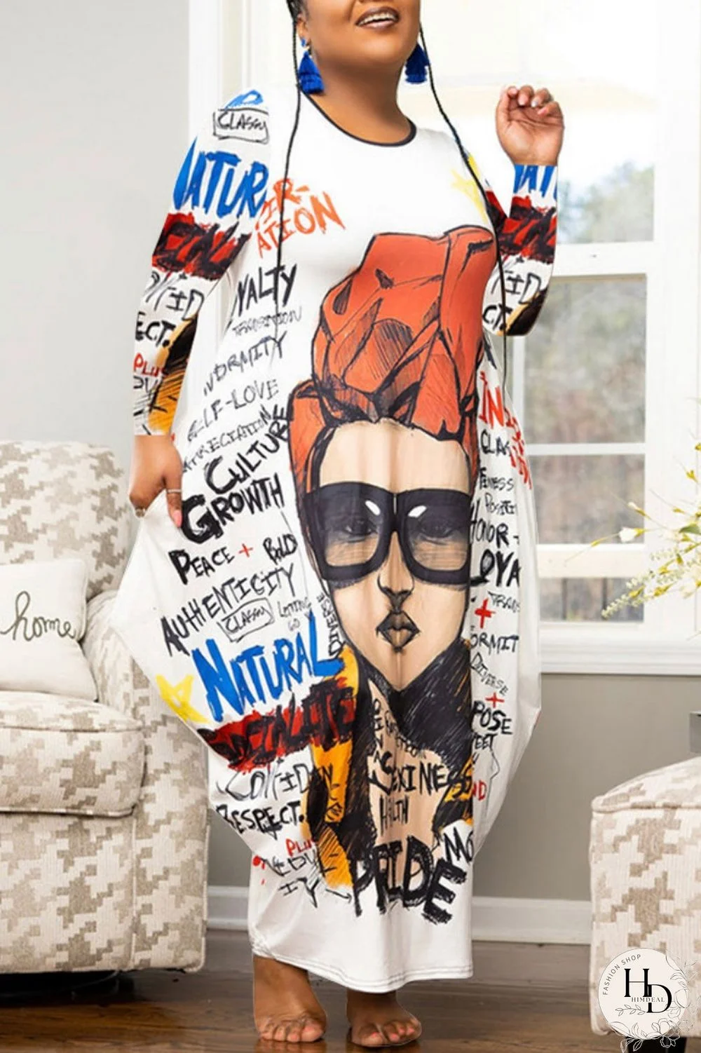 Multicolor Casual Print Basic O Neck Long Sleeve Plus Size Dresses