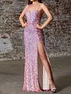 Spaghetti-Neck Shiny V-Neck Empire H-Line Split-Side  Evening Maxi Dress