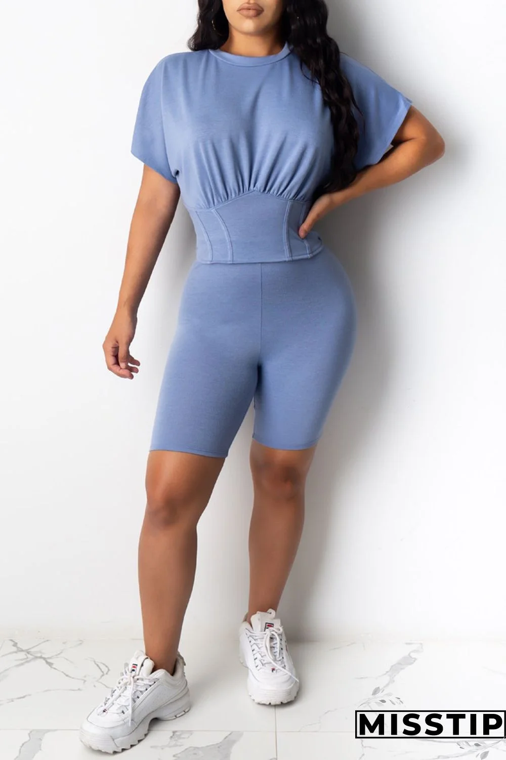 Light Blue Fashion Casual Solid Basic O Neck Short Sleeve Two Pieces