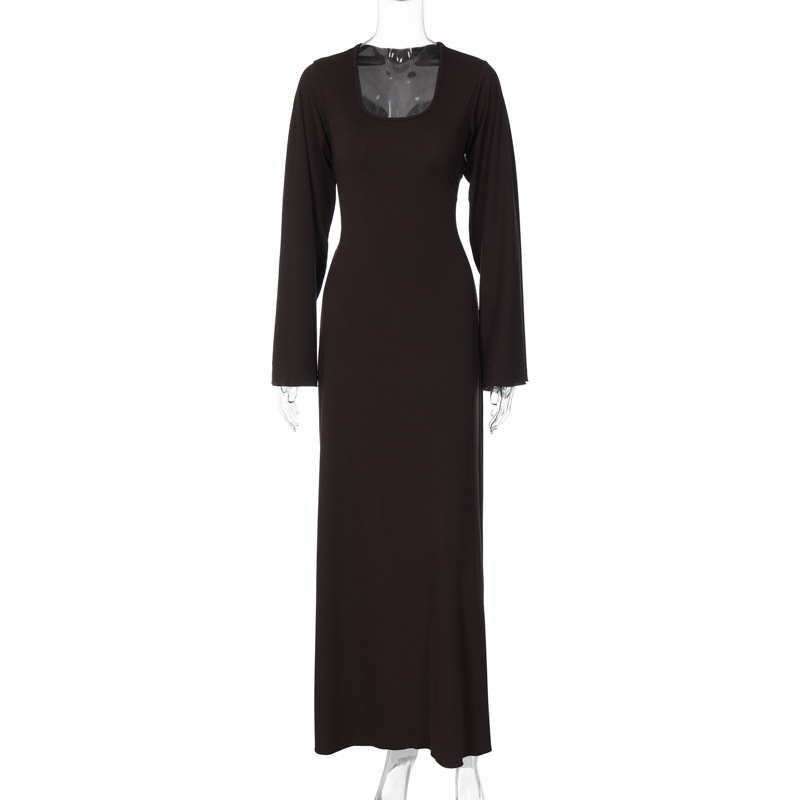 Ootddress Scoop Neck Lace-Up Ribbed Maxi Dress Female Long Sleeve Fashion Slim Loose Bandage Dress Autumn 2025 Solid Women Dress New