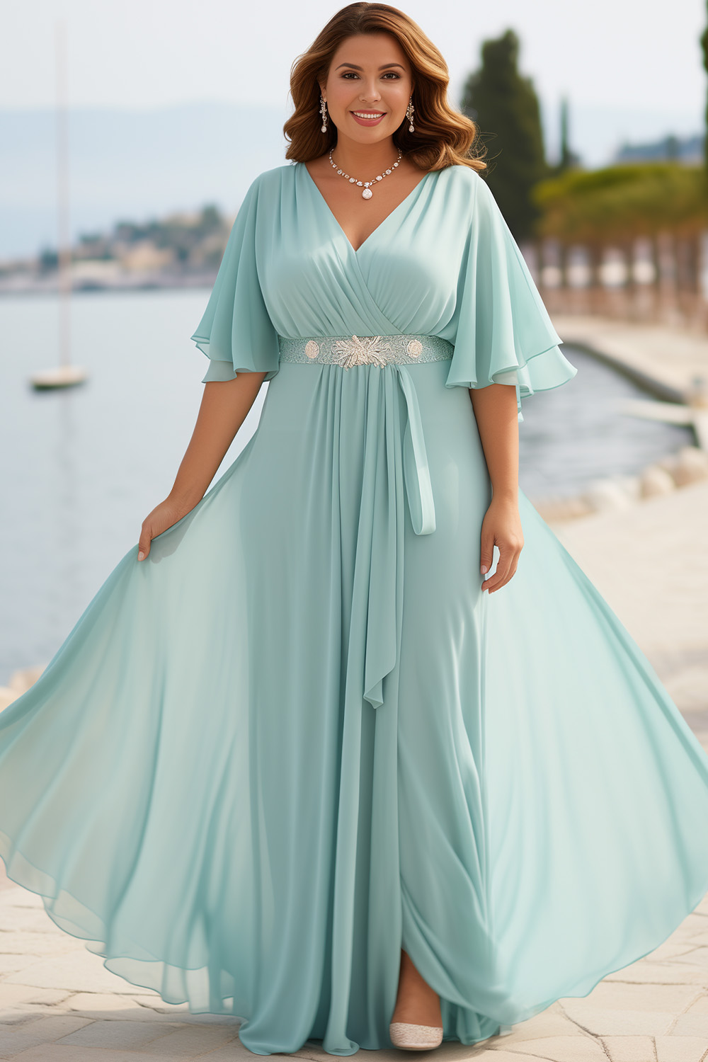 Flycurvy Plus Size Wedding Guest Mint Green Chiffon Wrap Flutter Sleeve Maxi Dress