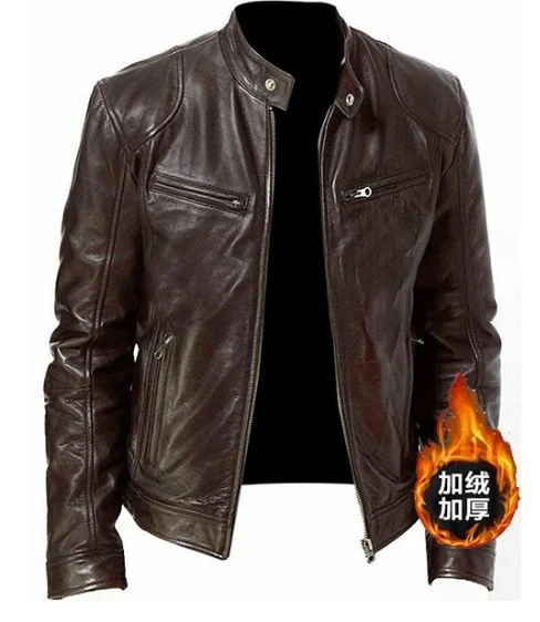 Uveng Uveng Business Gentleman Warm Zipper Open Shirt Pocket Decoration PU Leather Jacket Collar Collar Zipper Leather Jacket