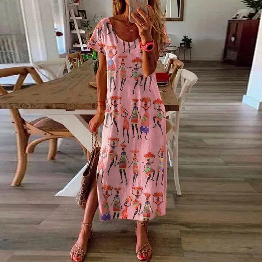 New Summer Long Dress Women Casual Patchwork Bohemian Print Short Sleeves Dresses For Women V Neck Plus Size Dress Women 2022