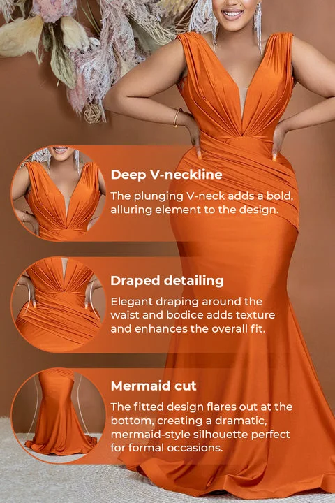 Xpluswear Plus Size Orange Formal Prom Deep V Neck Wide Straps Ruched Maxi Dresses