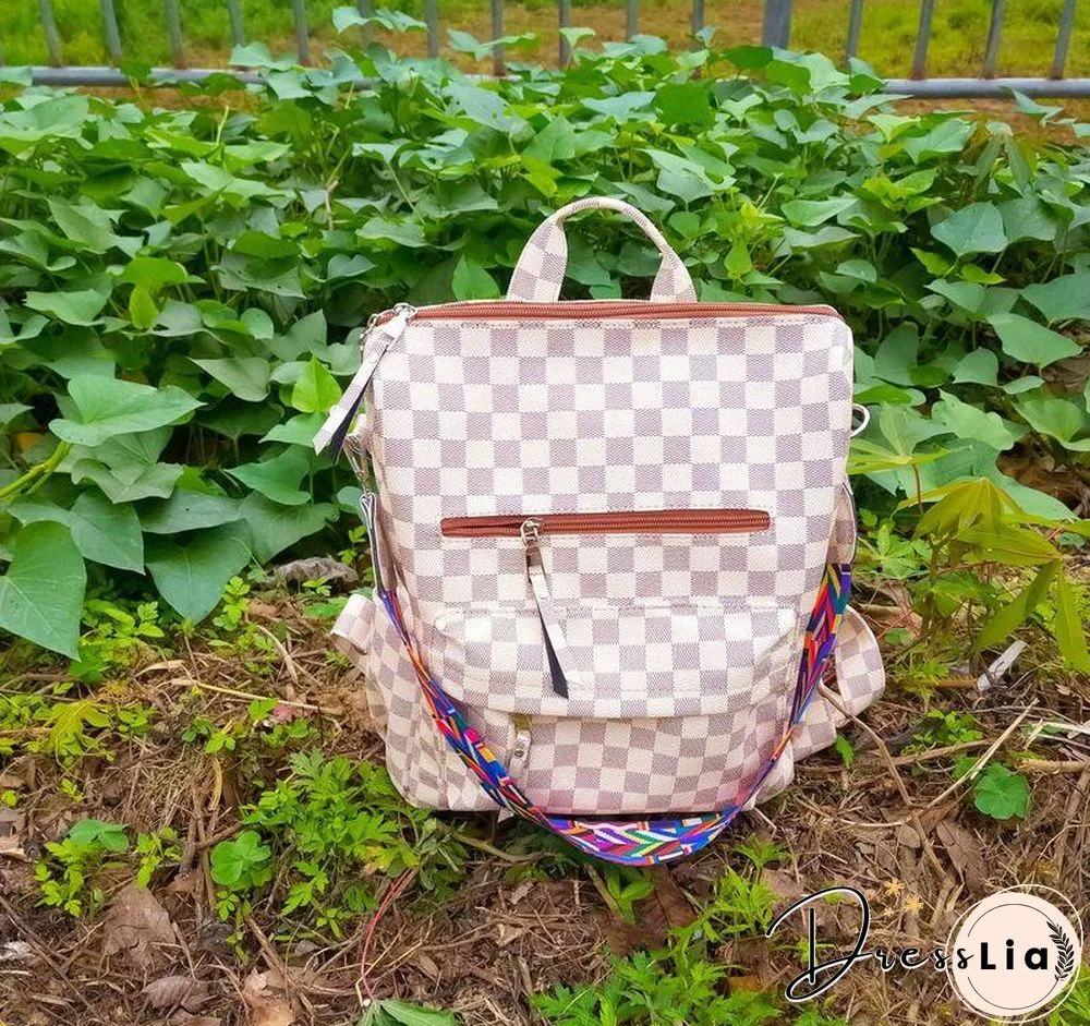 Retro Faux Leather Check Pattern Print Rucksack Vegan Backpack Tote