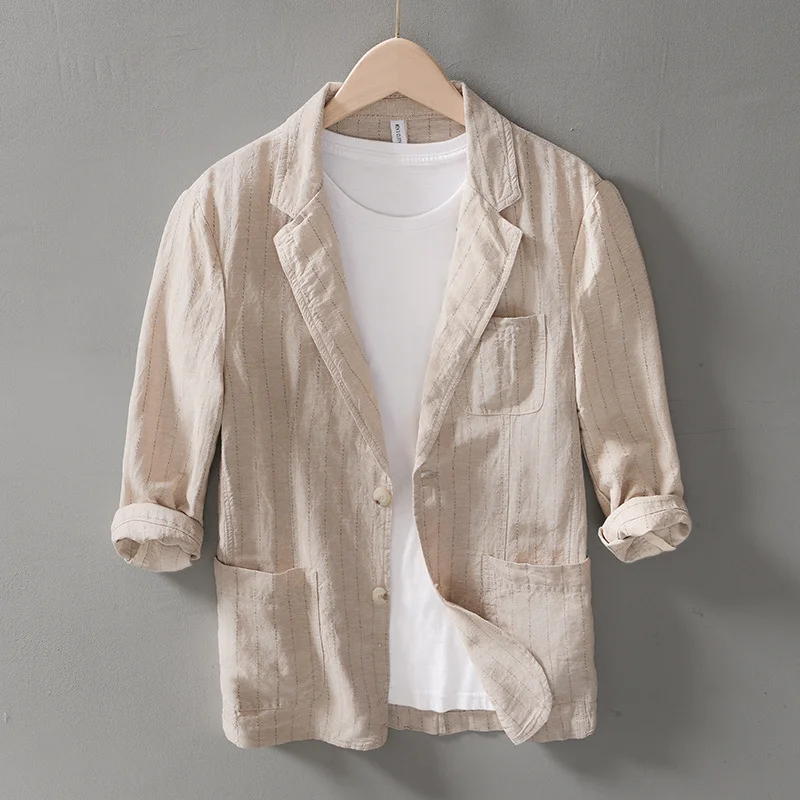 L950 autumn casual stripe thin literary seven -point sleeve cotton, linen, jacket full men's loose single suit