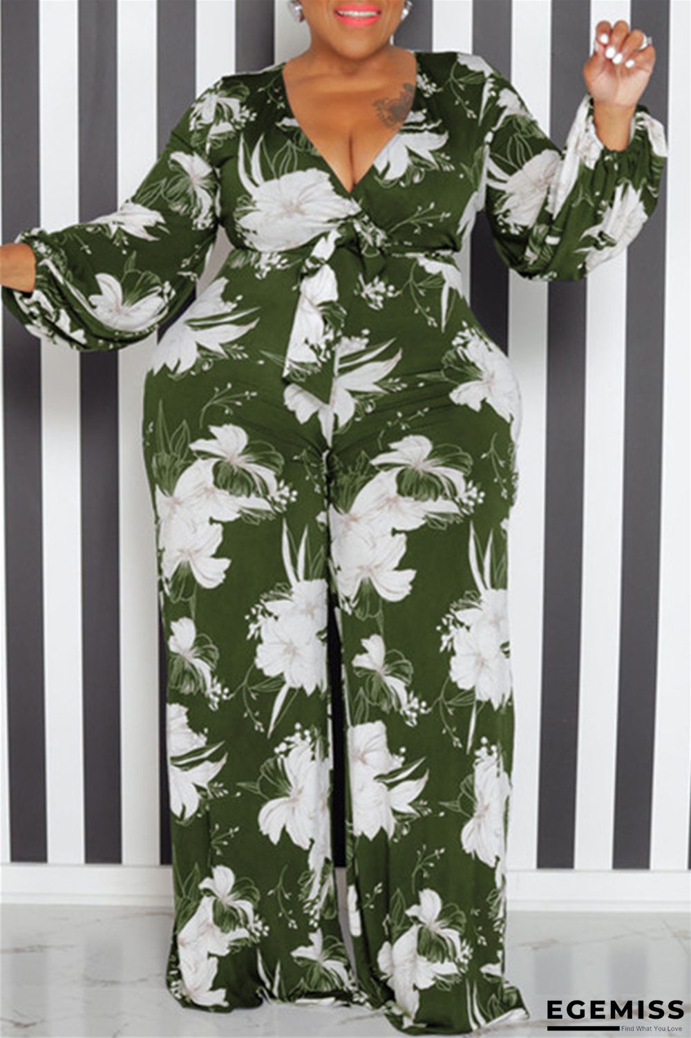 Army Green Casual Print Patchwork V Neck Plus Size Jumpsuits | EGEMISS