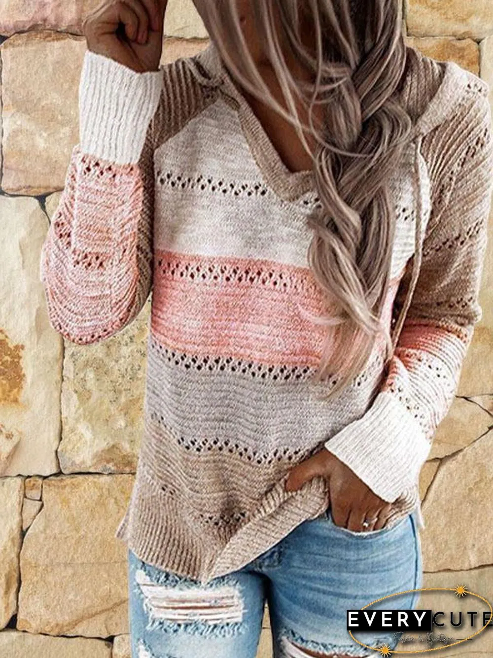 Hollow Knitting Color Joint Knitting Top