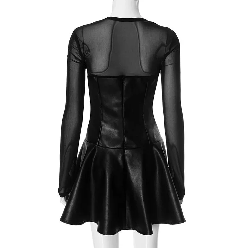 Churchf Black Long Sleeve Mesh PU Leather Mini Dress