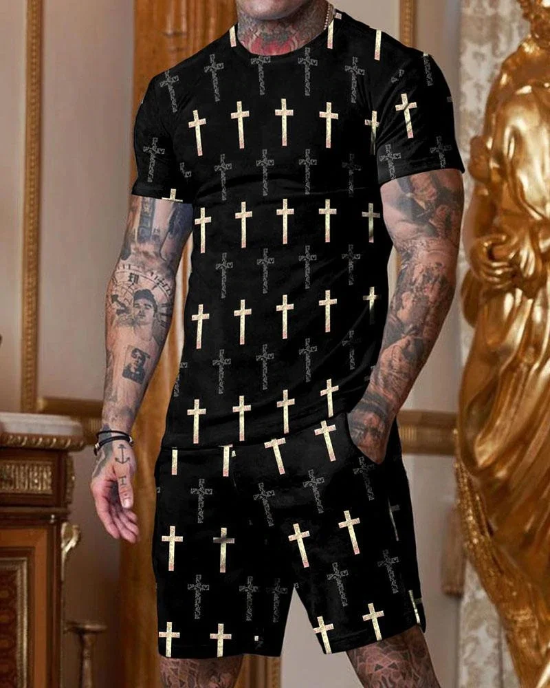 黑色 Men's fashion black cross printed short sleeve round collar suit.jpg 黑色 Men's fashion black cross printed short sleeve round collar suit.jpg