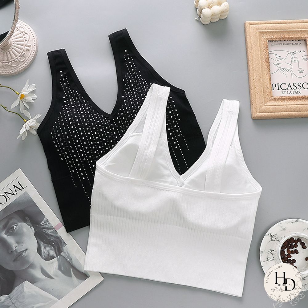 Womens Tube Top Sexy Shiny Rhinestones Camisole Female Paded Tanks White Underwear With Pad