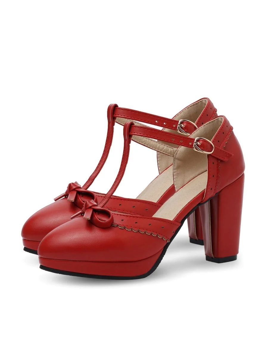 Women's Vintage Shoes T Strap Retro Bow High Heel Shoes