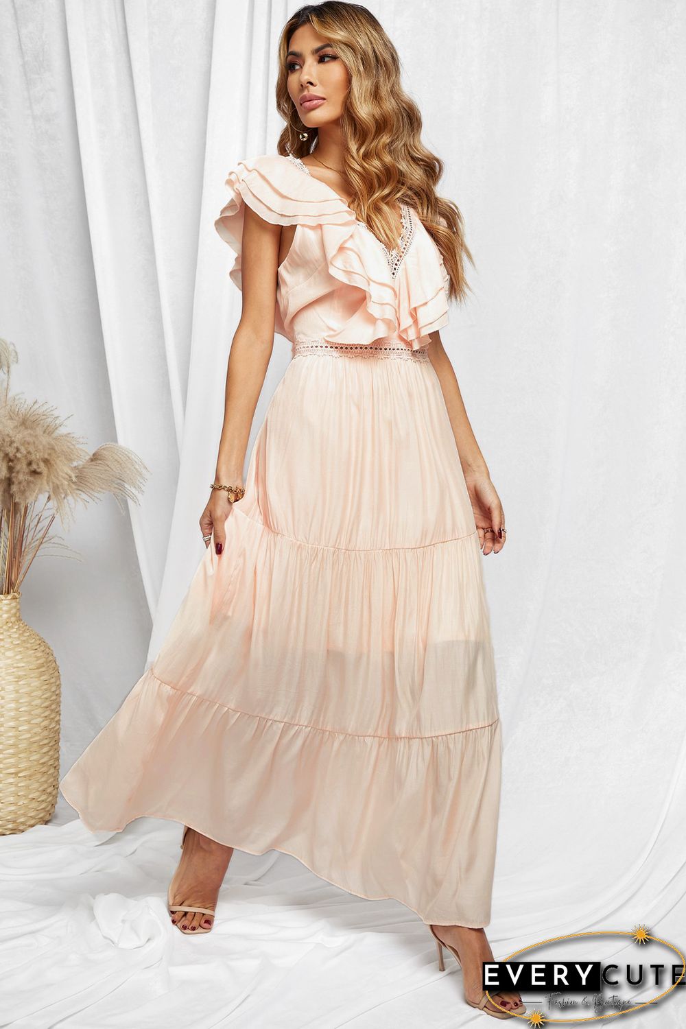 Pink Lace Splicing Ruffled Deep V Neck Maxi Dress