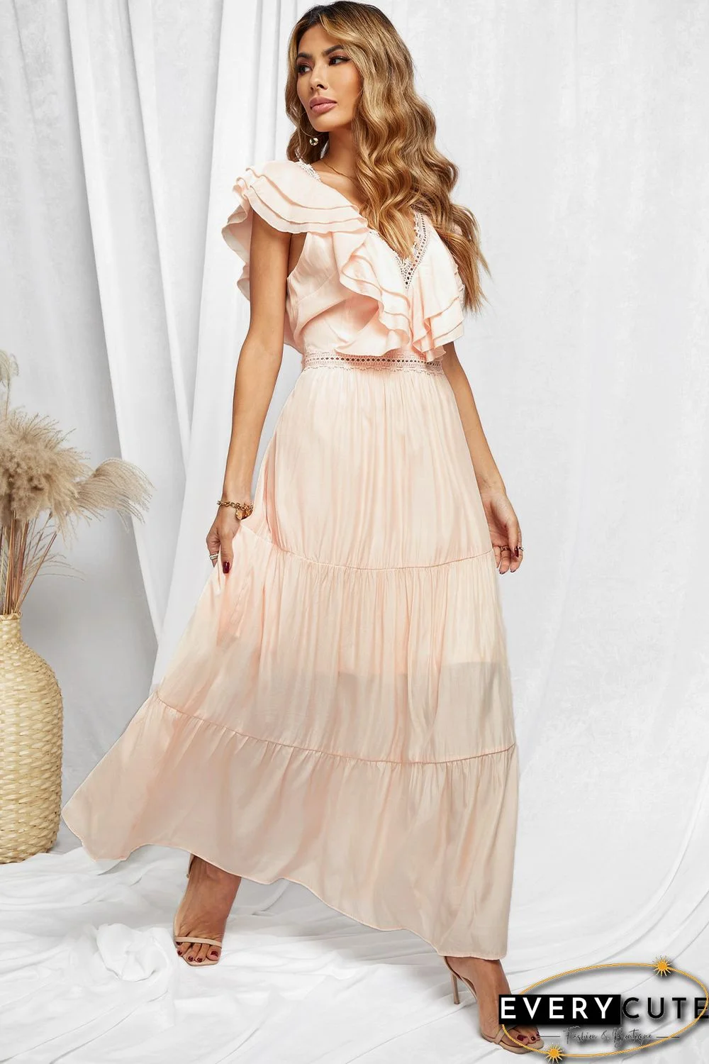 Pink Lace Splicing Ruffled Deep V Neck Maxi Dress