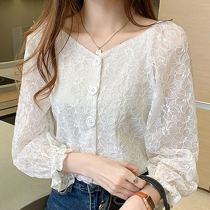 Blouse Women Blusas Mujer De Moda 2023 Long Sleeve White Blouse Shirt V-Neck Chffon Blouse Blusa Womens Tops And Blouses D847