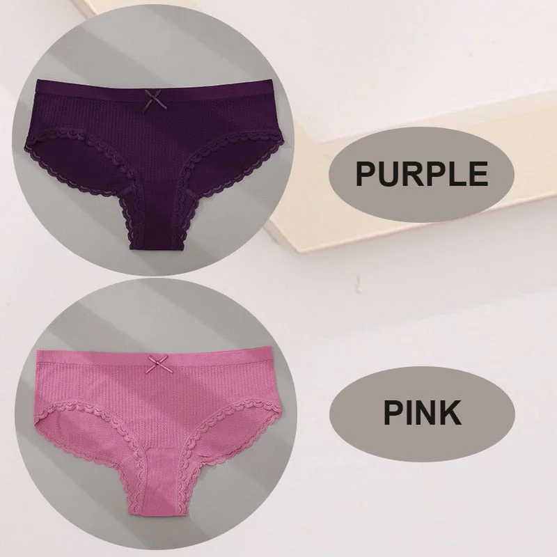 FINETOO 2PCS/Set M-2XL Women Seamless Sexy Panties Cute Bownot 6 Solid Color Girl Underwear Briefs Lingerie Underpant Lace Panty