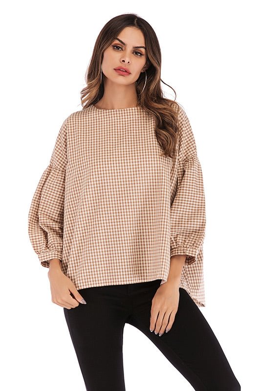 Gingham Button Back Blouse With Puff Sleeves - Shop Trendy Women's Clothing | LoverChic