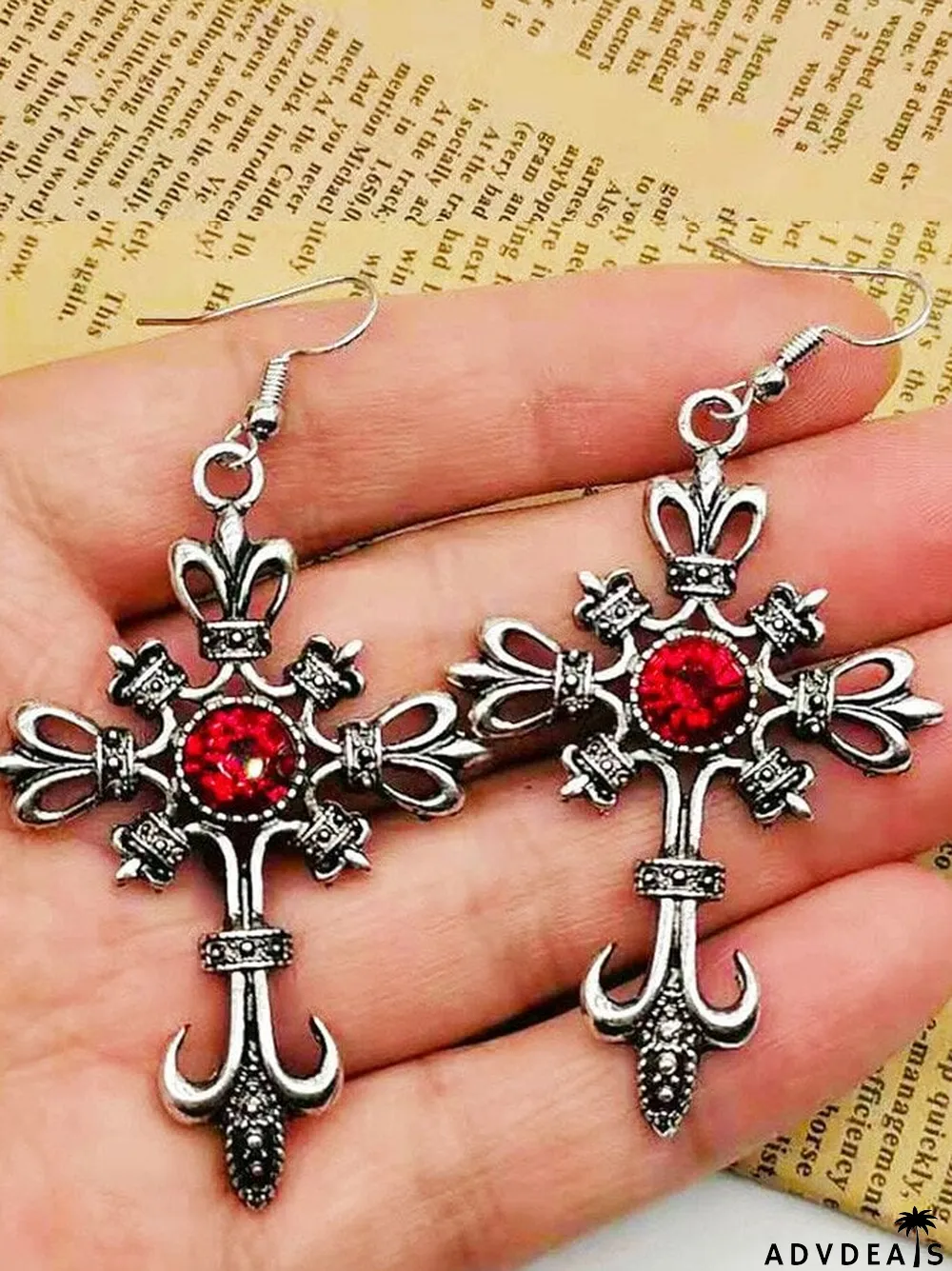 Dark Cross Red Rhinestone Earrings