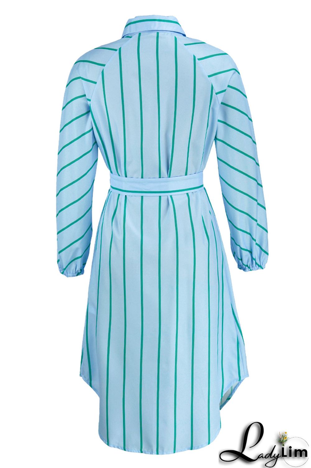 Pink Fashion Striped Print With Belt Turndown Collar Shirt Dress
