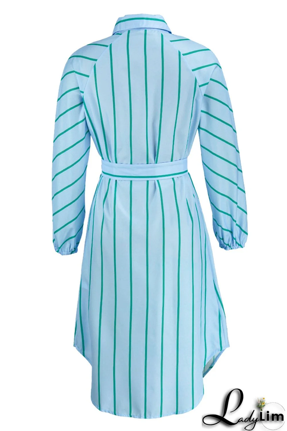 Pink Fashion Striped Print With Belt Turndown Collar Shirt Dress