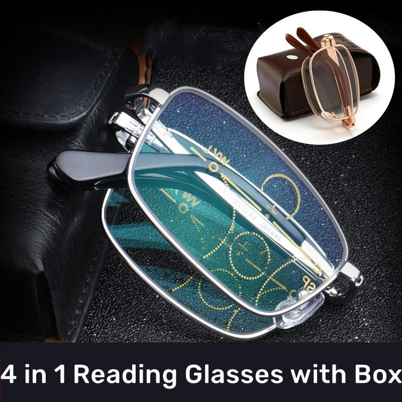 Retro Folding Reading Glasses with Leather Box Unisex Progressive Far ...