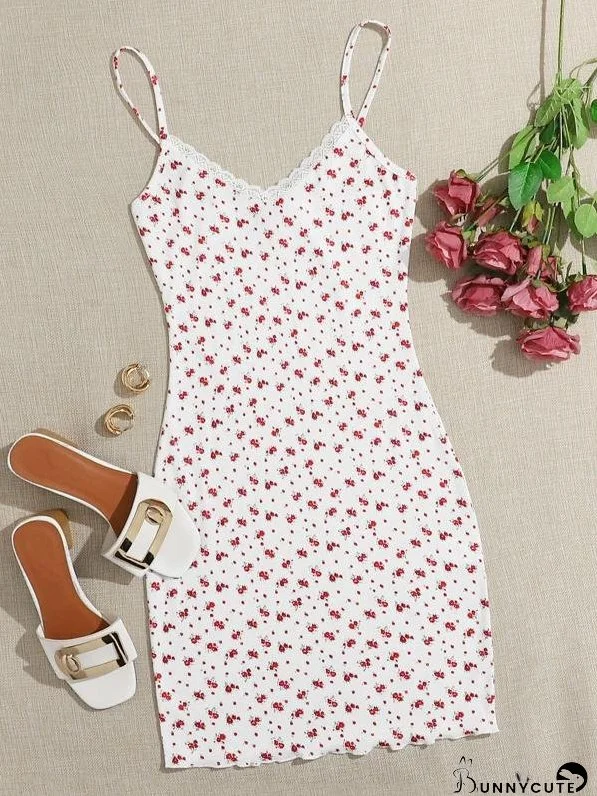 Plus Ditsy Floral Lace Trim Bodycon Dress for Women