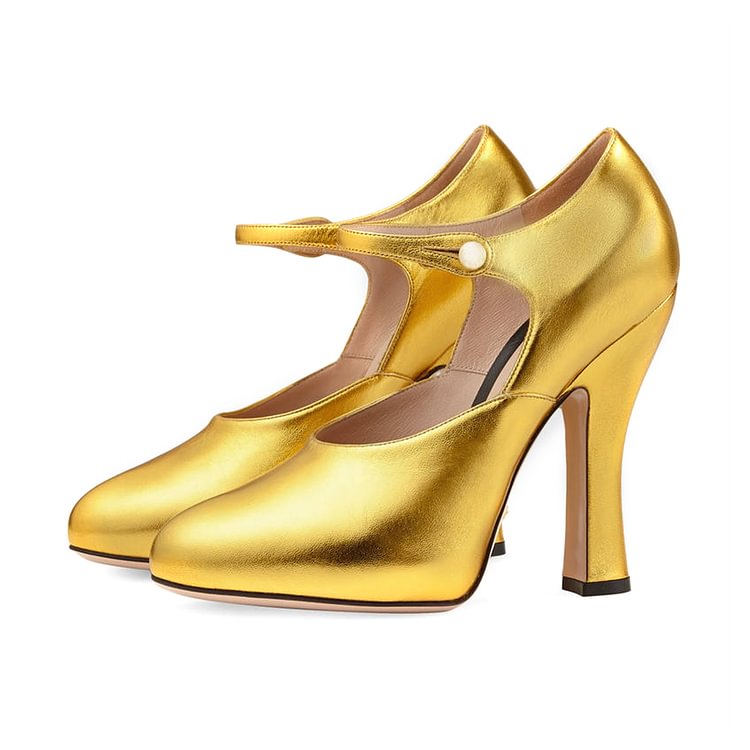 Gold Vintage Heels Retro Chunky Heel Pumps US Size 3 -15 |FSJ Shoes
