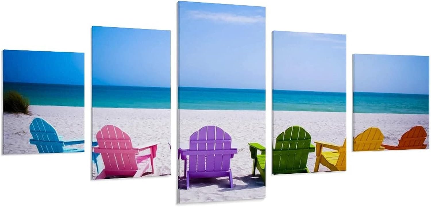 Room Posters Living Room Beach Canvas Wall Art, Blue Ocean and Colorful Chair Picture Print Decorati Canvas Painting Wall Art Poster for Bedroom Living Room Decor (L) 12x18inchx2 12x24inchx2 12x30inc (L) 12x18inchx2 12x24inchx2 12x30inchx1